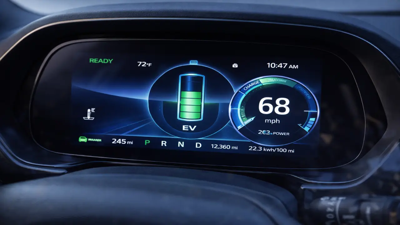 EV TFT display closeup instrument cluster on electric vehicle dashboard