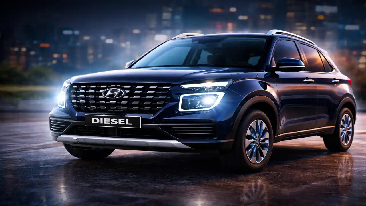 Hyundai Venue HX8 Diesel AT SUV का फ्रंट 3/4 एंगल शॉट (Abyss Black)