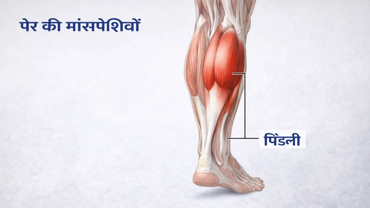 पैर की मांसपेशियों का diagram जिसमें calf area highlight है
