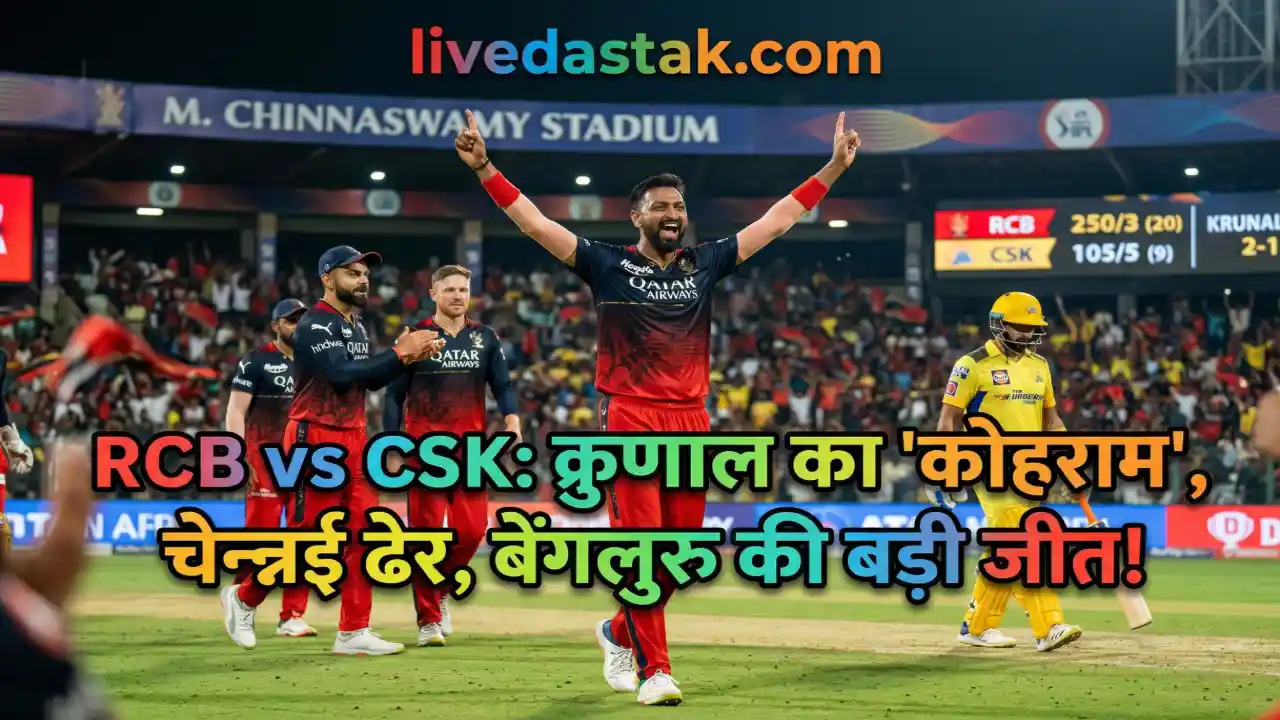RCB vs CSK IPL 2026: क्रुणाल पांड्या का कोहराम, चेन्नई की आधी टीम पस्त; बेंगलुरु की बड़ी जीत तय?