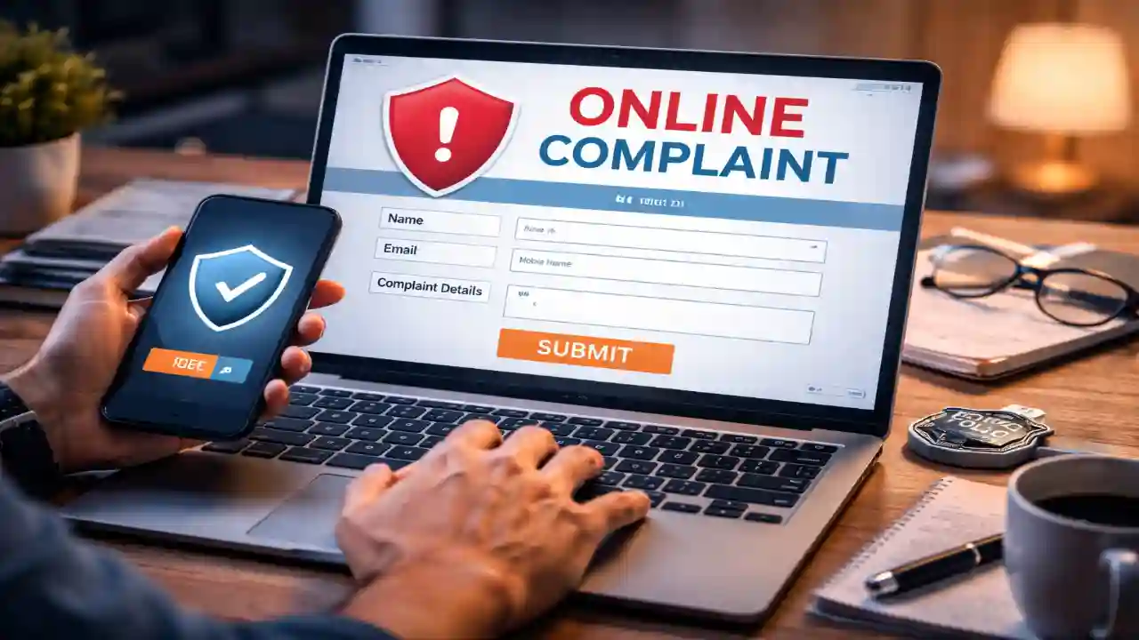 लैपटॉप पर ऑनलाइन फ्रॉड की शिकायत दर्ज करता हुआ व्यक्ति