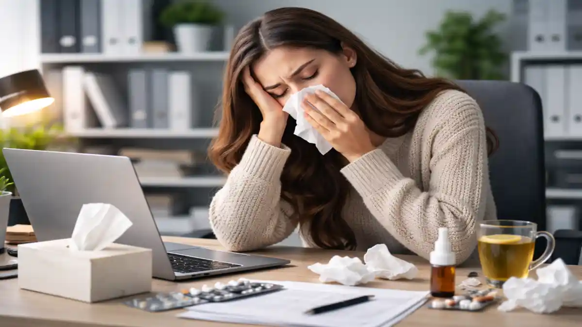 ऑफिस डेस्क पर बैठी थकी हुई युवा महिला, हाथ में टिश्यू और सर्दी-जुकाम के लक्षण