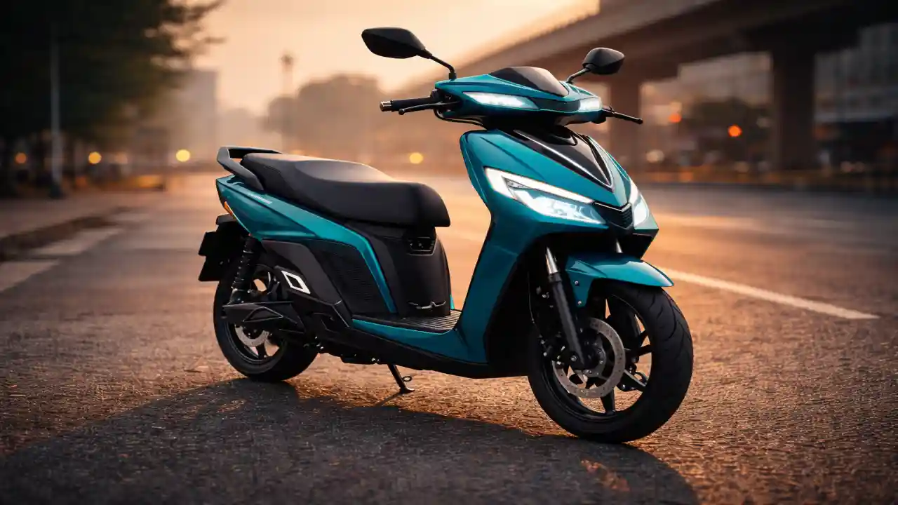 TVS Orbiter V1 कॉम्पैक्ट अर्बन इलेक्ट्रिक स्कूटर का फ्रंट 3/4 एंगल व्यू